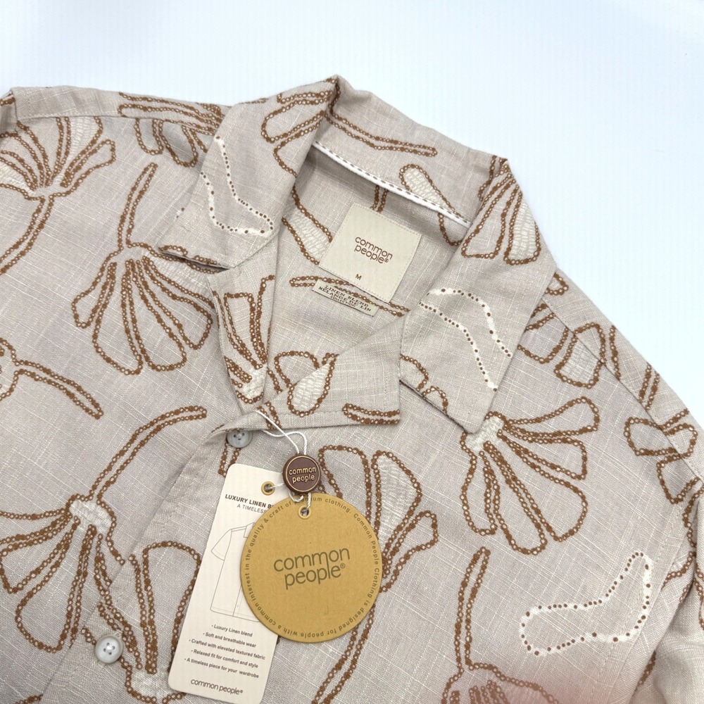 Common People Castro Short Sleeve Shirt Mens Stone Linen Blend Abstract Med NEW